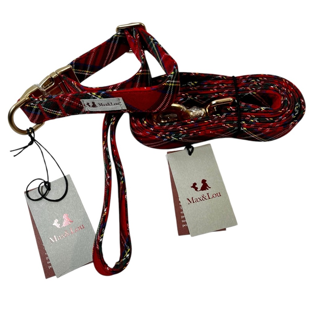 MAX & LOU Tartan Plaid Medium Dog Collar & Leash NWT